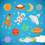 Set of Cartoon Cute Outer Space Astronaut, Planets, Rockets. Illustration-Natalia Pascari-Mounted Art Print