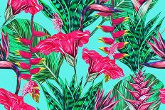 Tropical Flowers, Palm Leaves, Jungle Plants, Orchid, Bird of Paradise Flower, Pink Flamingos, Seam-NataliaKo-Stretched Canvas