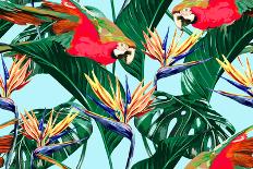 Tropical Flowers, Palm Leaves, Jungle Plants, Orchid, Bird of Paradise Flower, Pink Flamingos, Seam-NataliaKo-Art Print