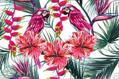 Pink Flamingos, Exotic Birds, Tropical Palm Leaves, Trees, Jungle Leaves Seamless Vector Floral Pat-NataliaKo-Stretched Canvas