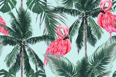 Pink Flamingos, Exotic Birds, Tropical Palm Leaves, Trees, Jungle Leaves Seamless Vector Floral Pat-NataliaKo-Art Print