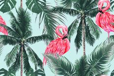 Pink Flamingos, Exotic Birds, Tropical Palm Leaves, Trees, Jungle Leaves Seamless Vector Floral Pat-NataliaKo-Stretched Canvas