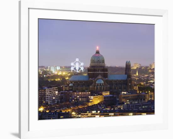 National Catholic Church and Atomium, Panoramic the City Illuminated at Night, Brussels, Belgium-Christian Kober-Framed Photographic Print