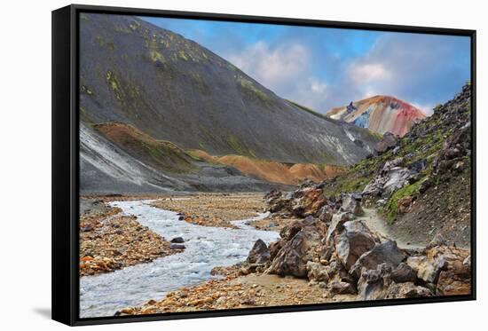 National Park Landmannalaugar in Iceland. the Green Stone Rock and Stream in the Gorge-kavram-Framed Stretched Canvas