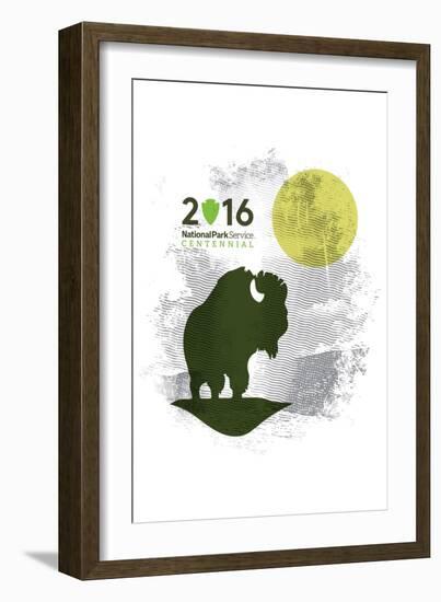 National Park Service Centennial - Bison and Moon-Lantern Press-Framed Art Print