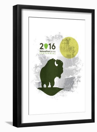 National Park Service Centennial - Bison and Moon-Lantern Press-Framed Art Print