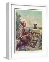 National Sportsman - Man Cooking Breakfast at Camp, Bear Altered by the Smell, c.1921-Lantern Press-Framed Art Print