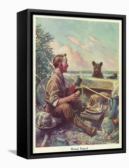 National Sportsman - Man Cooking Breakfast at Camp, Bear Altered by the Smell, c.1921-Lantern Press-Framed Stretched Canvas
