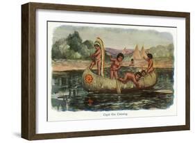 Native American Children in a Canoe-Lantern Press-Framed Art Print