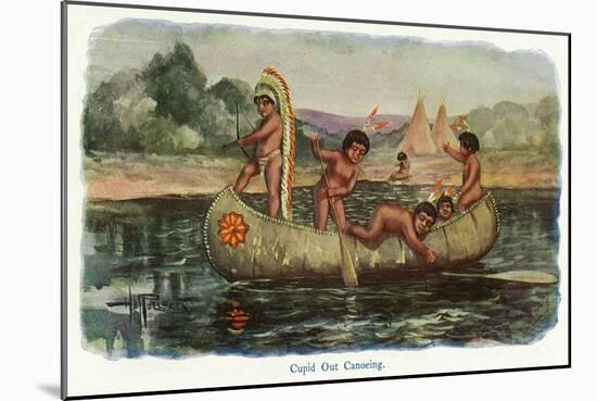 Native American Children in a Canoe-Lantern Press-Mounted Art Print