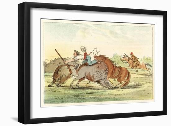 Native American Hunting Buffalo on Horseback-George Catlin-Framed Art Print