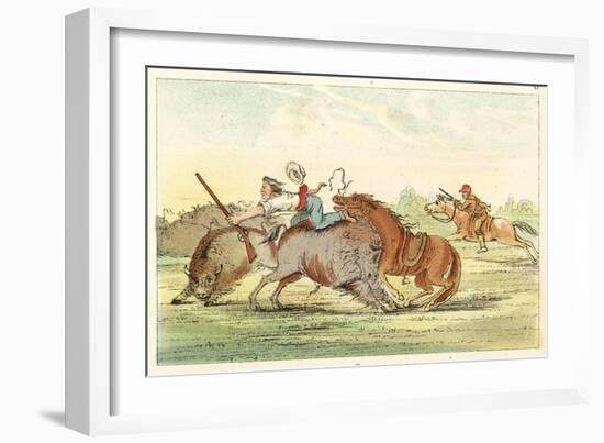 Native American Hunting Buffalo on Horseback-George Catlin-Framed Art Print