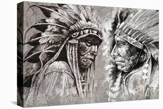Native American Indian Head, Chief, Retro Style-outsiderzone-Stretched Canvas