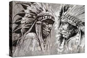 Native American Indian Head, Chief, Retro Style-outsiderzone-Stretched Canvas