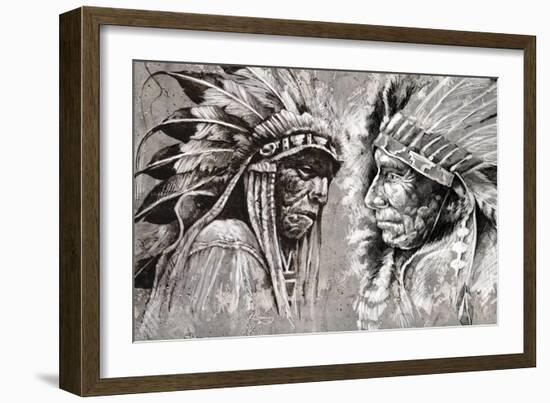 Native American Indian Head, Chief, Retro Style-outsiderzone-Framed Art Print