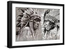 Native American Indian Head, Chief, Retro Style-outsiderzone-Framed Premium Giclee Print