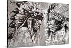 Native American Indian Head, Chief, Retro Style-outsiderzone-Stretched Canvas