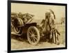 Native American Indian With Full Regalia And Headdress. From Horse To Automobile-Circa 1915-null-Framed Art Print