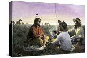 Native American Joining Cowboys at their Campfire, Late 1800s-null-Stretched Canvas