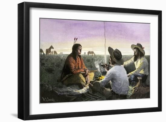 Native American Joining Cowboys at their Campfire, Late 1800s-null-Framed Giclee Print