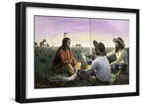 Native American Joining Cowboys at their Campfire, Late 1800s-null-Framed Giclee Print