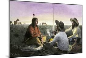Native American Joining Cowboys at their Campfire, Late 1800s-null-Mounted Giclee Print