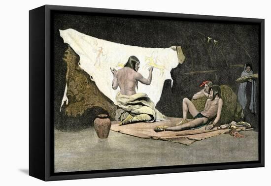 Native American Shaman Using Pictures on a Buffalo Robe to Cure a Young Man's Illness-null-Framed Stretched Canvas