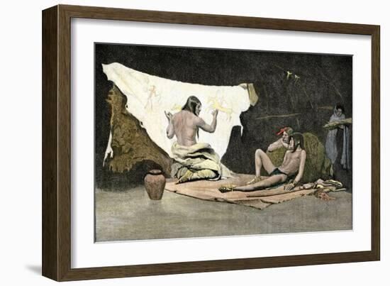 Native American Shaman Using Pictures on a Buffalo Robe to Cure a Young Man's Illness-null-Framed Giclee Print