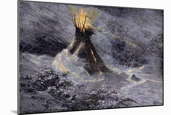 Native American Tepee in a Snowstorm, Emitting Embers from Center Smoke-Hole-null-Mounted Giclee Print