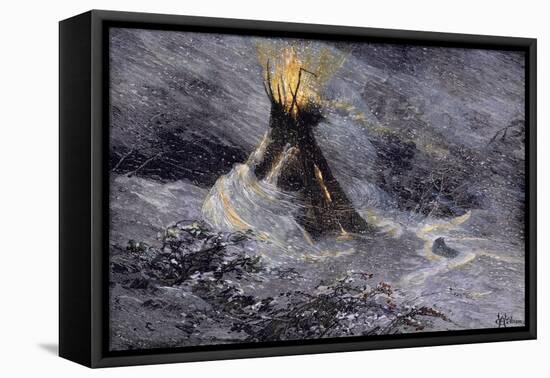 Native American Tepee in a Snowstorm, Emitting Embers from Center Smoke-Hole-null-Framed Stretched Canvas