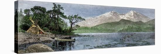 Native American Tipi and Canoe on the Shore of Lake Beneath Long's Peak, Colorado-null-Stretched Canvas