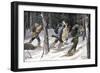 Native American Trappers Carrying Furs on Snowshoes in a Forest of the Pacific Northwest-null-Framed Giclee Print