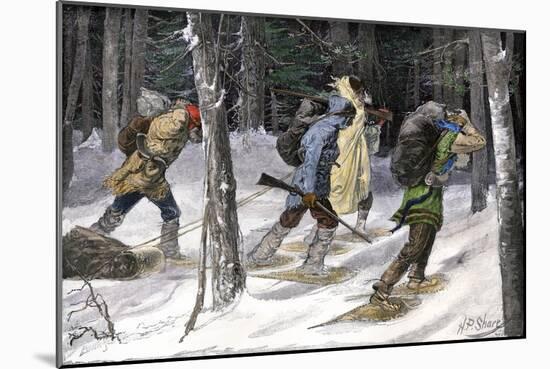 Native American Trappers Carrying Furs on Snowshoes in a Forest of the Pacific Northwest-null-Mounted Giclee Print