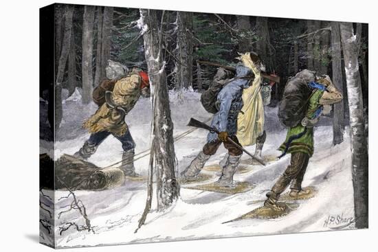Native American Trappers Carrying Furs on Snowshoes in a Forest of the Pacific Northwest-null-Stretched Canvas