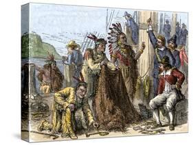 Native Americans Aboard Ship to Trade Their Furs to Europeans-null-Stretched Canvas