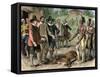 Native Americans Bringing a Deer to New England Colonists, 1600s-null-Framed Stretched Canvas