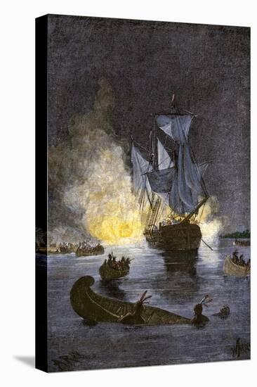 Native Americans Burning a Schooner in the Detroit River at Night during Pontiac's War, c.1763-1764-null-Stretched Canvas