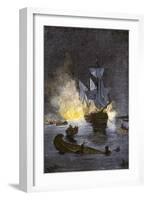 Native Americans Burning a Schooner in the Detroit River at Night during Pontiac's War, c.1763-1764-null-Framed Giclee Print