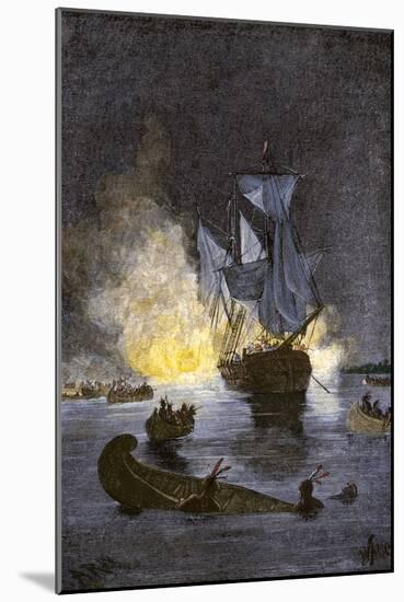 Native Americans Burning a Schooner in the Detroit River at Night during Pontiac's War, c.1763-1764-null-Mounted Giclee Print