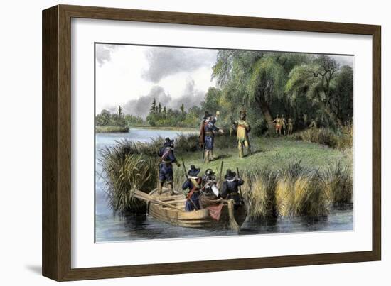 Native Americans Welcome Puritans with a Gift of Fish on the Charles River, 1635-null-Framed Giclee Print