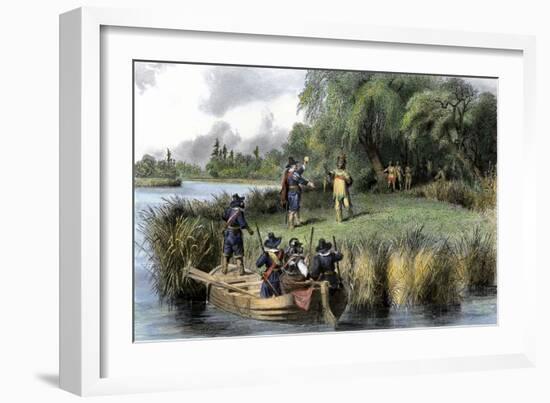 Native Americans Welcome Puritans with a Gift of Fish on the Charles River, 1635-null-Framed Giclee Print