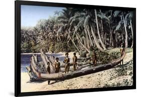 Native Canoe on a Palm Shaded Beach, Solomon Islands, C1923-York & Son-Framed Giclee Print