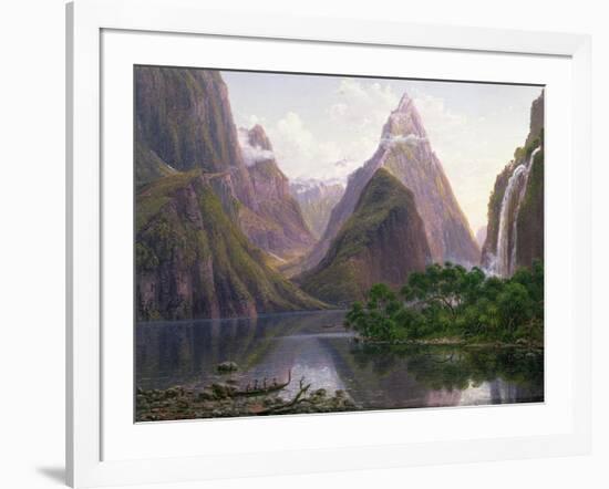 Native Figures, Milford Sound, New Zealand, Also Depicted Are Mitre Peak and Bowens Fall, 1892-Eugene Von Guerard-Framed Giclee Print