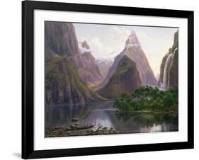 Native Figures, Milford Sound, New Zealand, Also Depicted Are Mitre Peak and Bowens Fall, 1892-Eugene Von Guerard-Framed Giclee Print