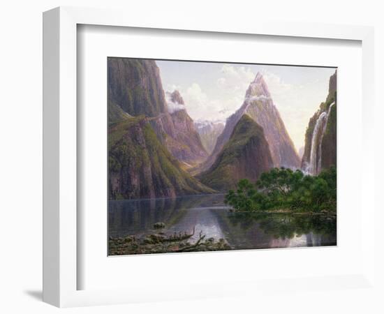 Native Figures, Milford Sound, New Zealand, Also Depicted Are Mitre Peak and Bowens Fall, 1892-Eugene Von Guerard-Framed Giclee Print