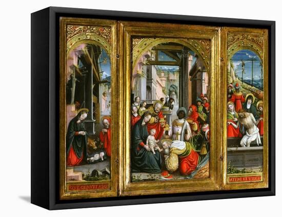 Nativity; Adoration of the Magi and Christ at the Sepulchre; Triptych, 1523 (Inv 1040)-Defendente Ferrari-Framed Stretched Canvas