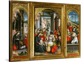 Nativity; Adoration of the Magi and Christ at the Sepulchre; Triptych, 1523 (Inv 1040)-Defendente Ferrari-Stretched Canvas