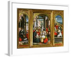 Nativity; Adoration of the Magi and Christ at the Sepulchre; Triptych, 1523 (Inv 1040)-Defendente Ferrari-Framed Giclee Print