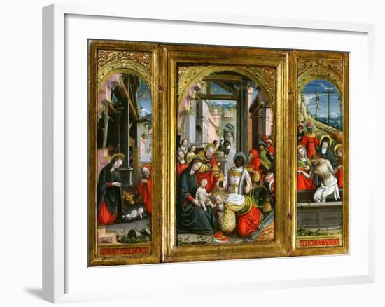 Nativity; Adoration of the Magi and Christ at the Sepulchre; Triptych, 1523 (Inv 1040)-Defendente Ferrari-Framed Giclee Print