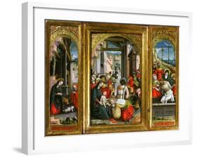 Nativity; Adoration of the Magi and Christ at the Sepulchre; Triptych, 1523 (Inv 1040)-Defendente Ferrari-Framed Giclee Print